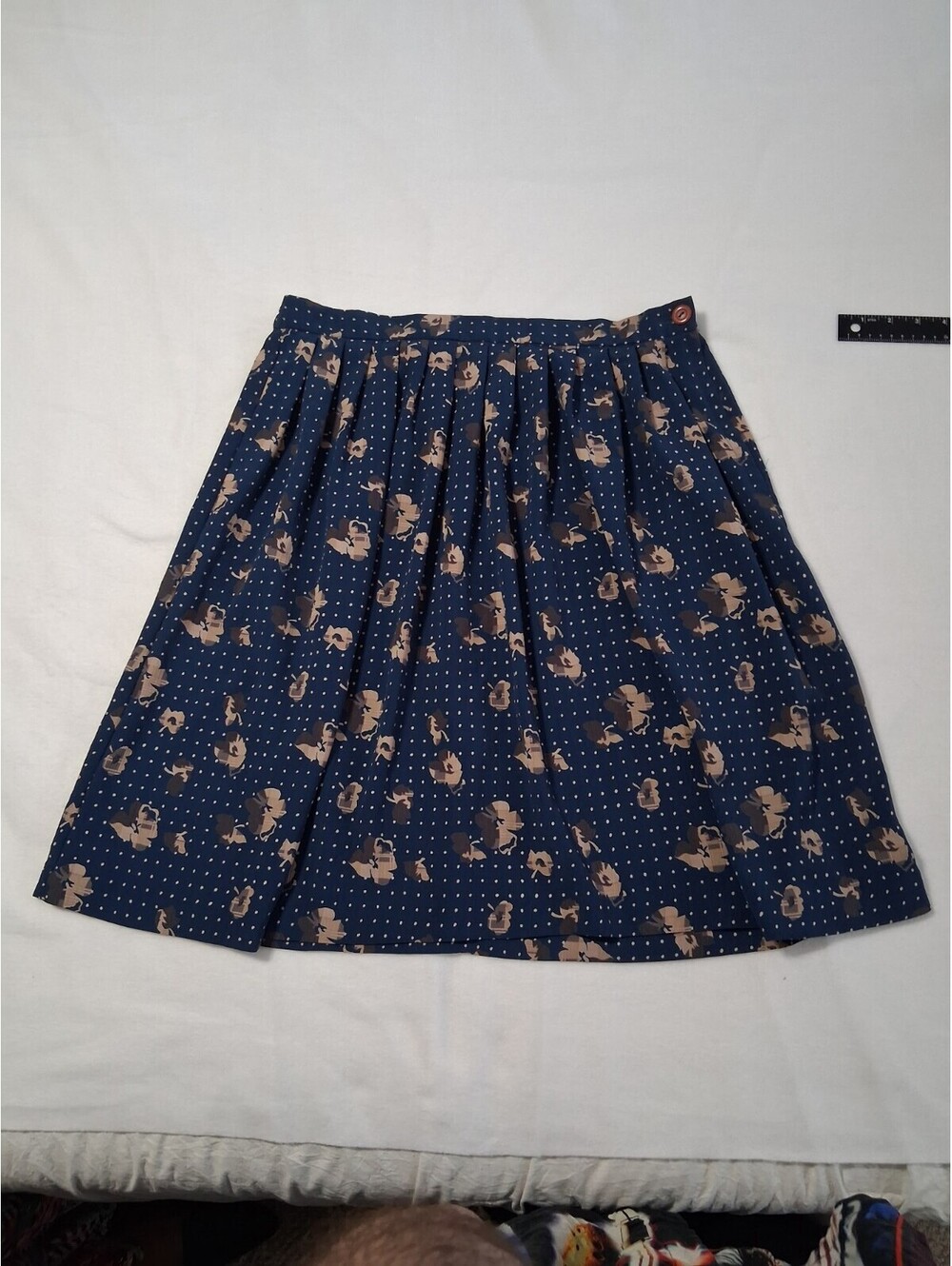 Navy Polka Dot Floral Pleated Midi Skirt